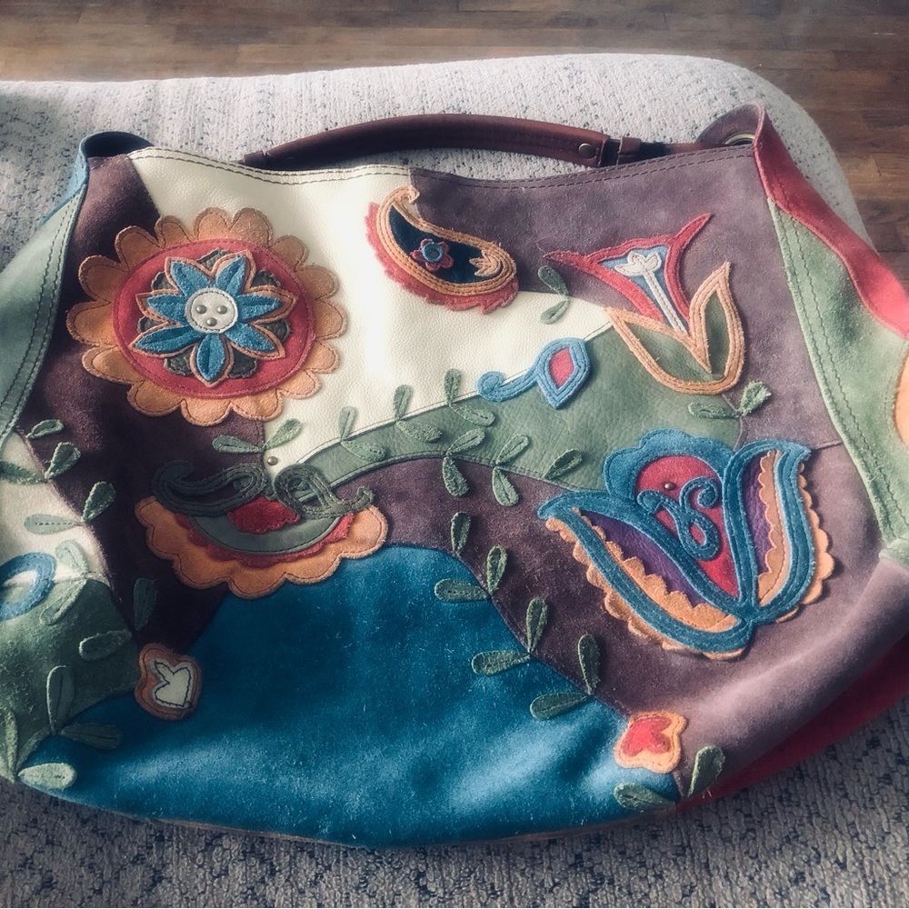 LUCKY Brand Leather/Suede Embroidered Floral Hobo Bag